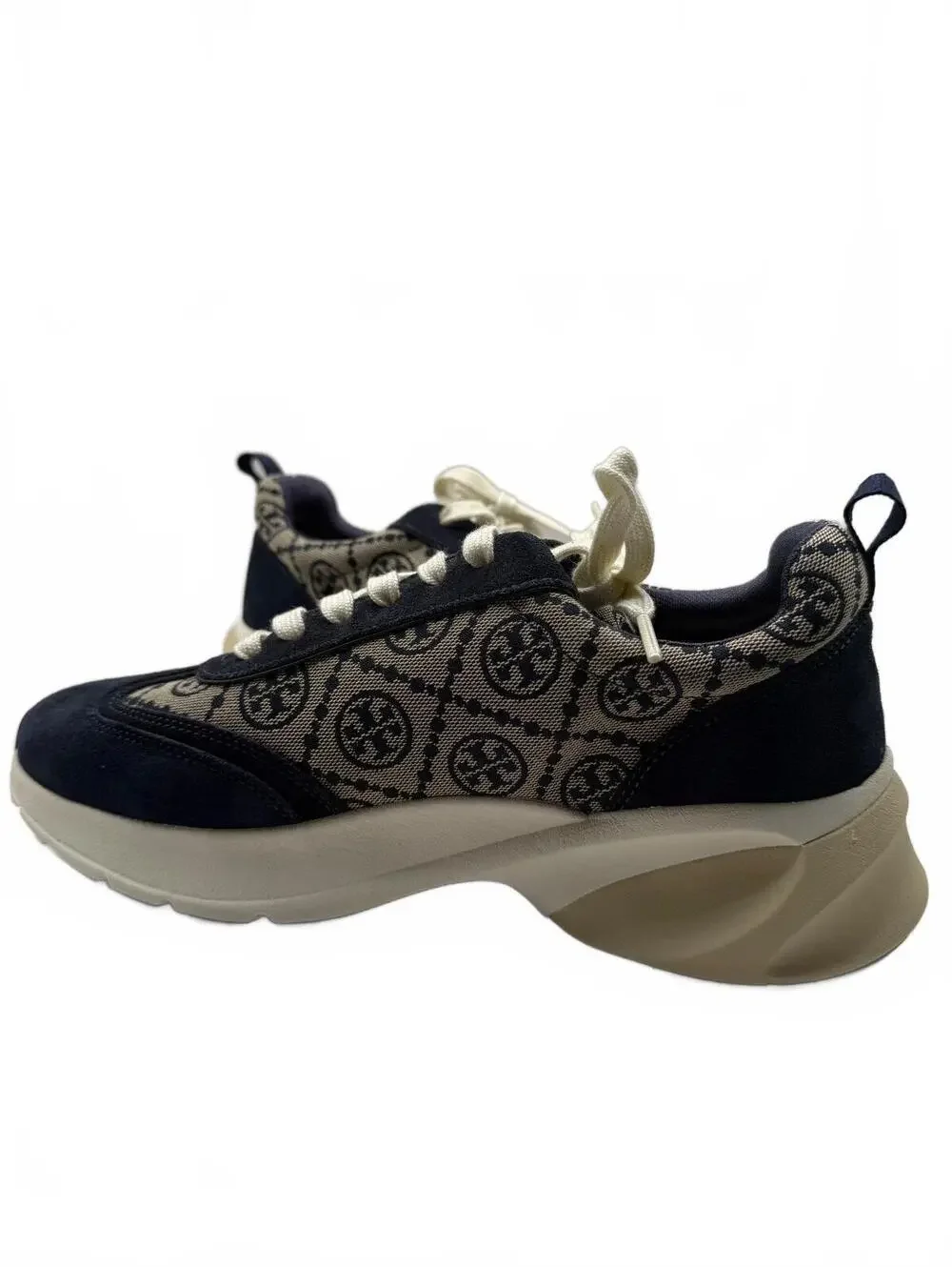 Tory Burch Navy Monogram Good Luck Trainer Jacquard and Suede Sneakers Size 10.5
